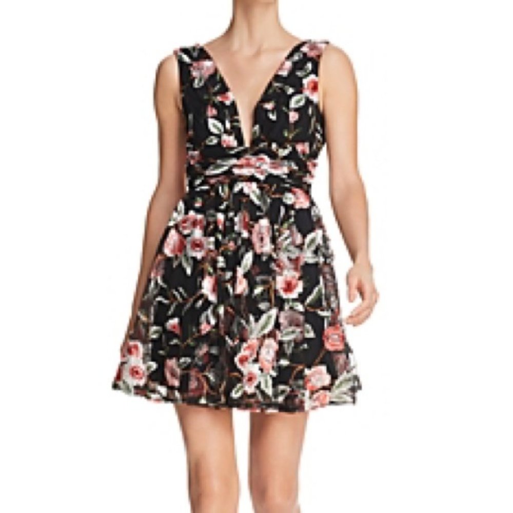 Aqua Luxe - Floral & Black Embroidered Mini Party Dress